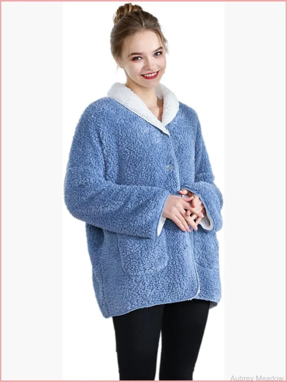 Plush Reversible Sherpa Button Front Bed Jacket Long Sleeve Shawl Collar